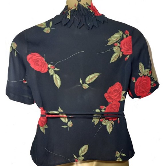Size 12 Quite Sheer Unusual Collar Rose Print Chiffon Wrap Top - Picture 6 of 9